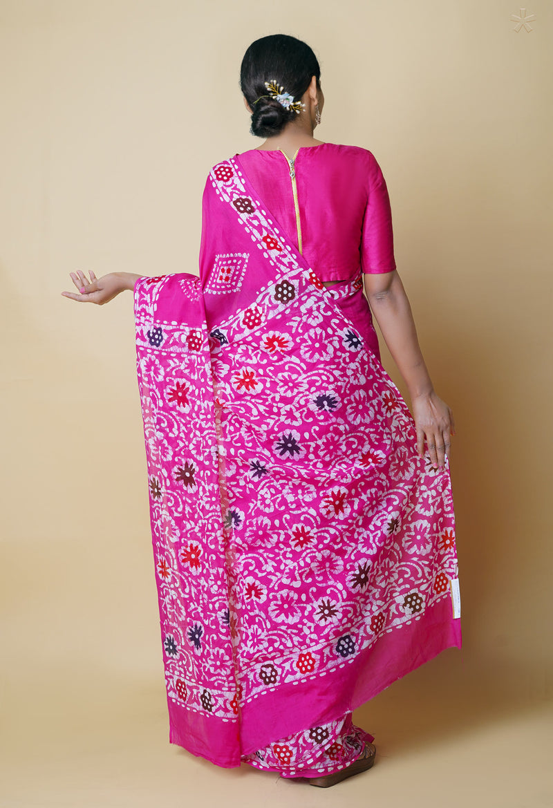 Pink Pure  Hand Batik Mulmul Cotton Saree-UNM73113