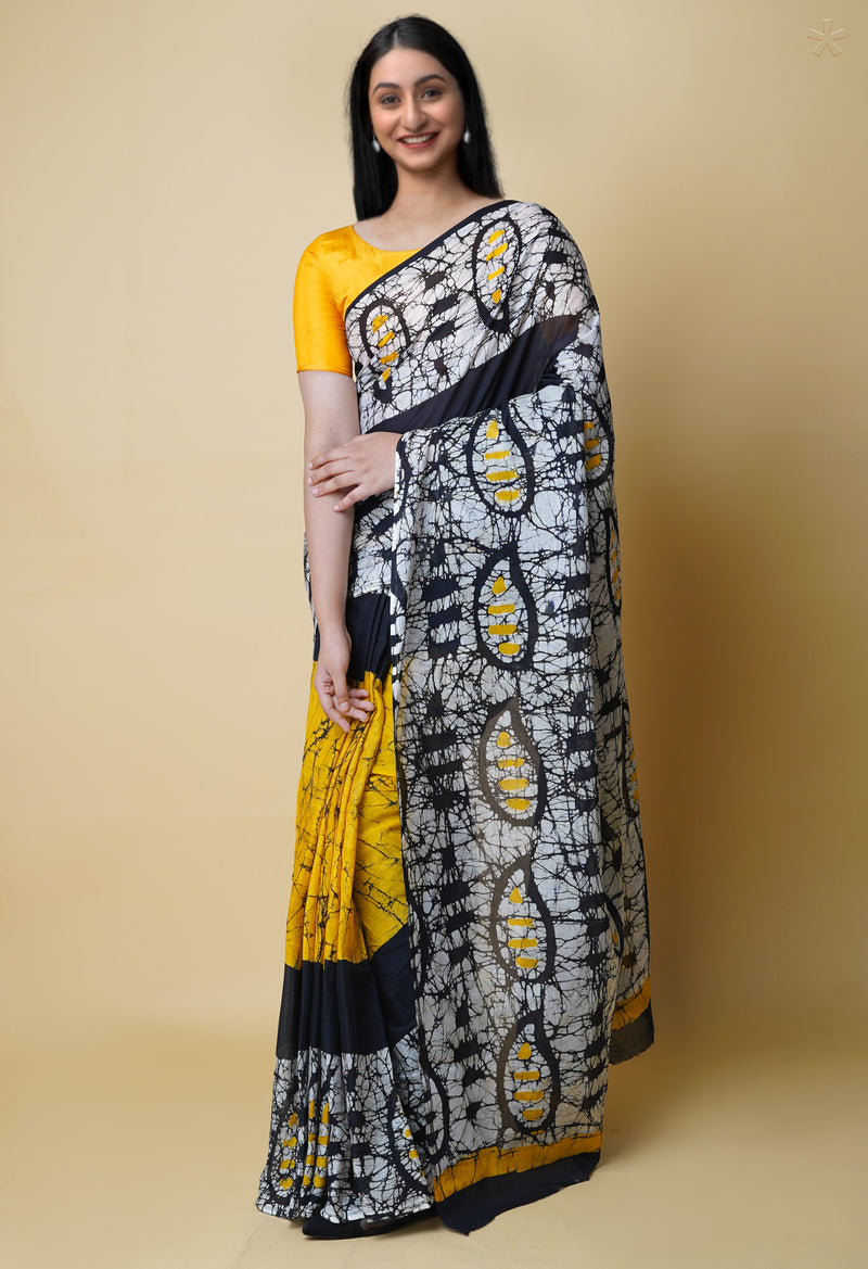 Black-Yellow Pure  Hand Batik Mulmul Cotton Saree-UNM73116