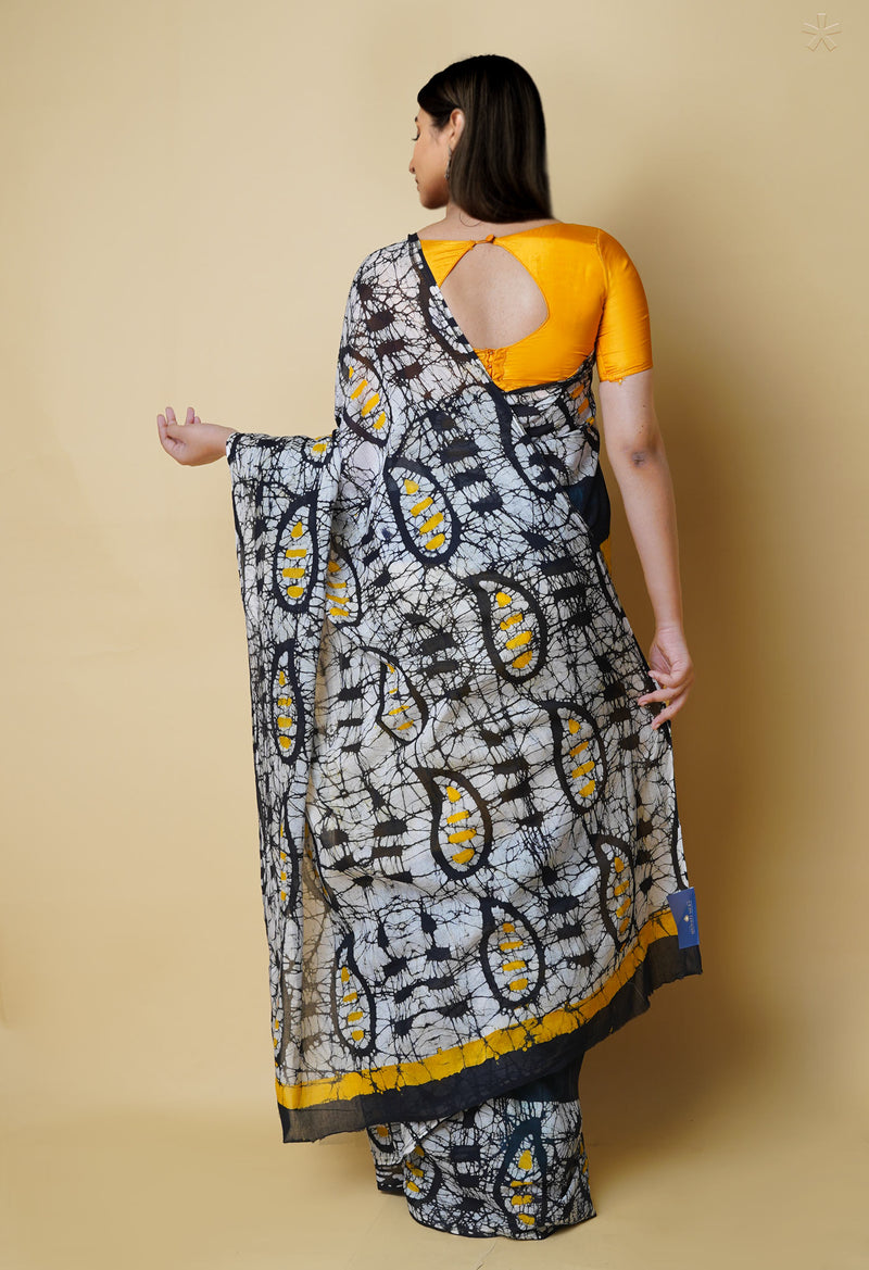 Black-Yellow Pure  Hand Batik Mulmul Cotton Saree-UNM73116