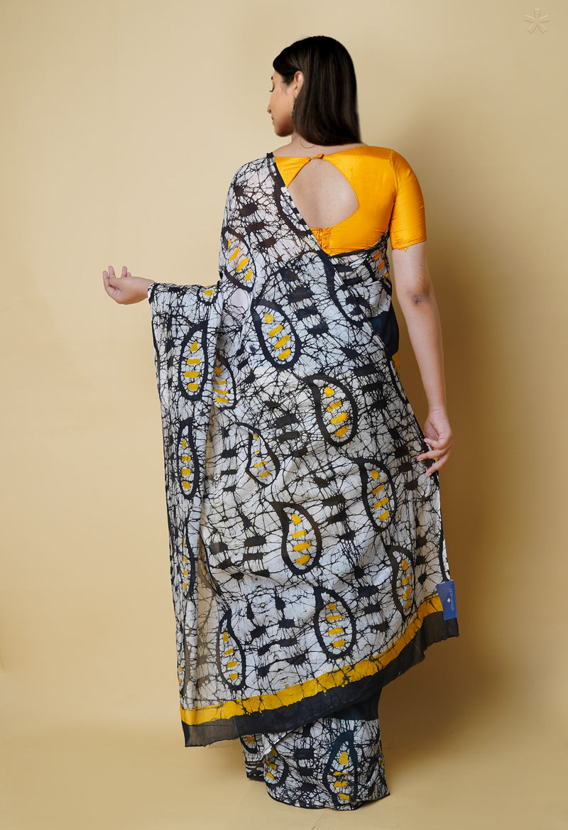 Black-Yellow Pure  Hand Batik Mulmul Cotton Saree-UNM73116