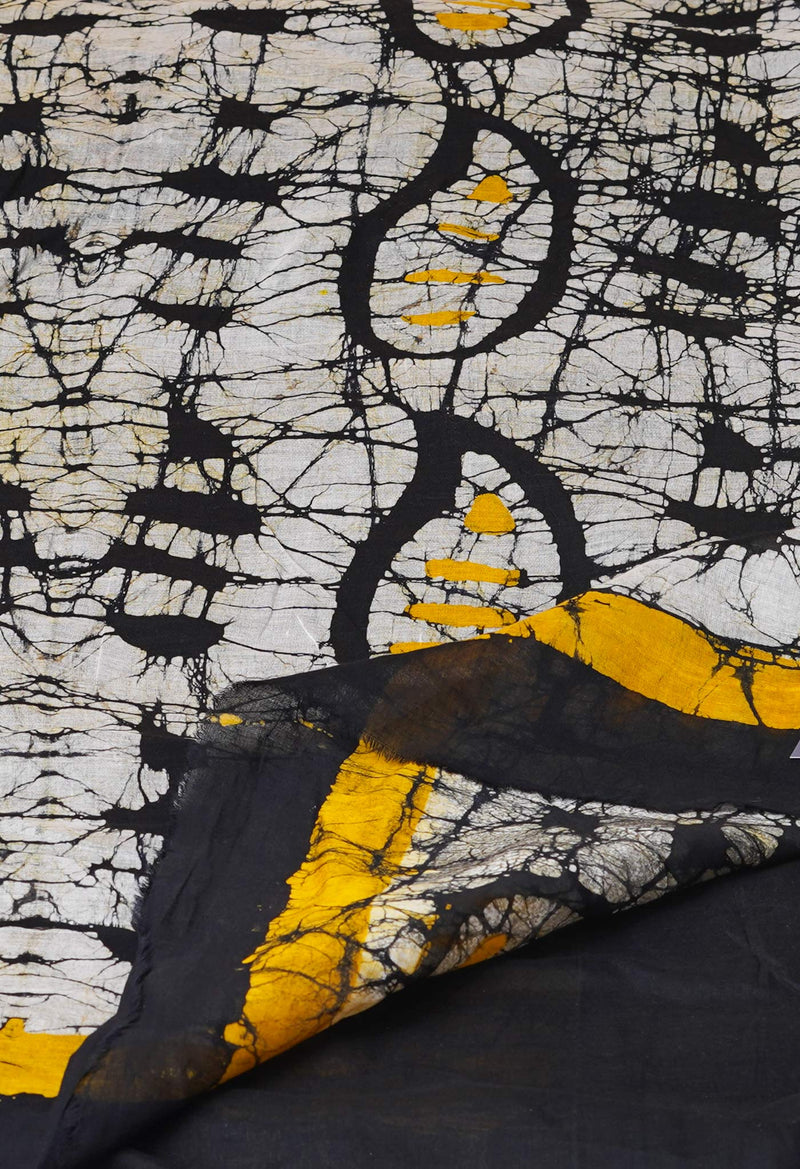 Black-Yellow Pure  Hand Batik Mulmul Cotton Saree-UNM73116