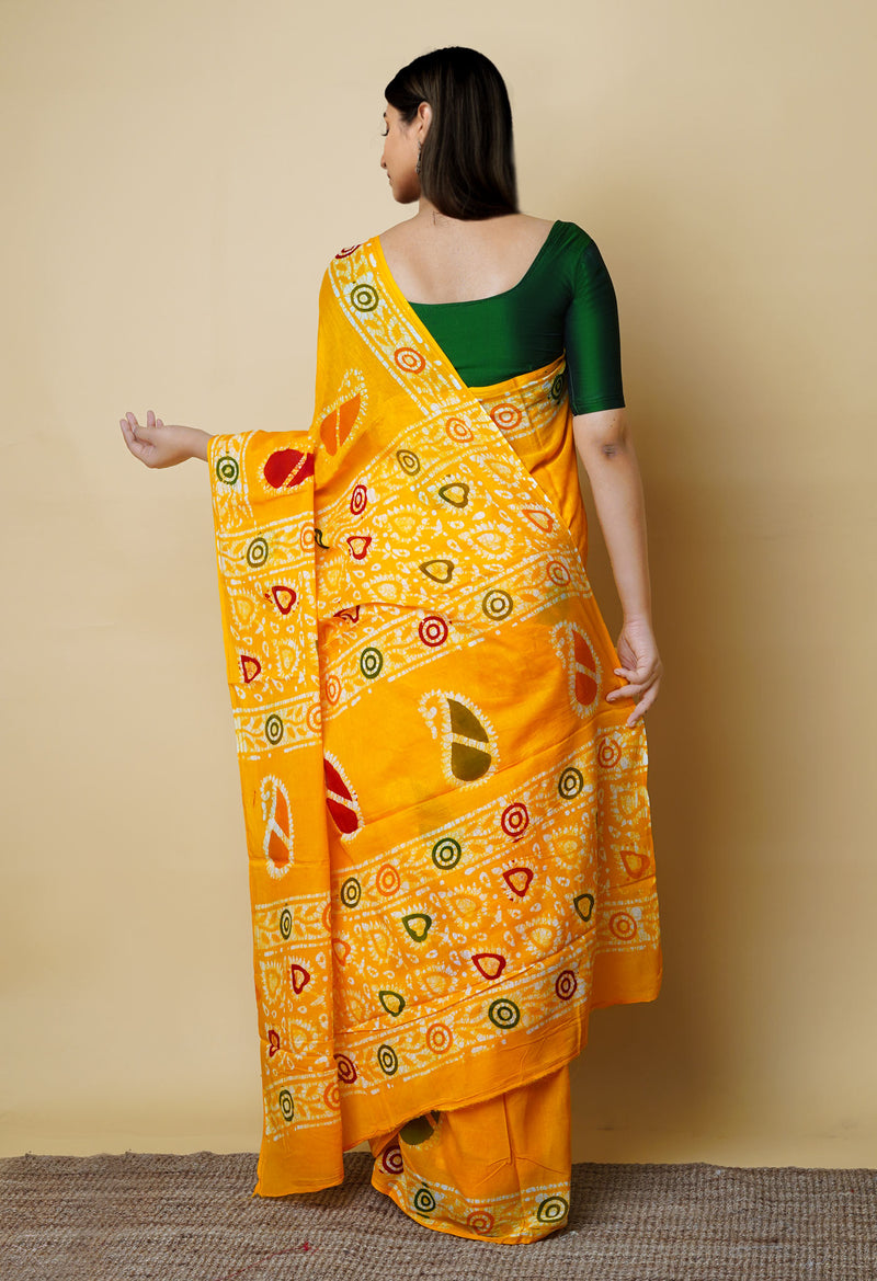 Yellow Pure  Hand Batik Mulmul Cotton Saree-UNM73119