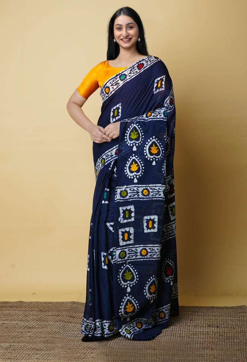 Navy Blue Pure  Hand Batik Mulmul Cotton Saree-UNM73121
