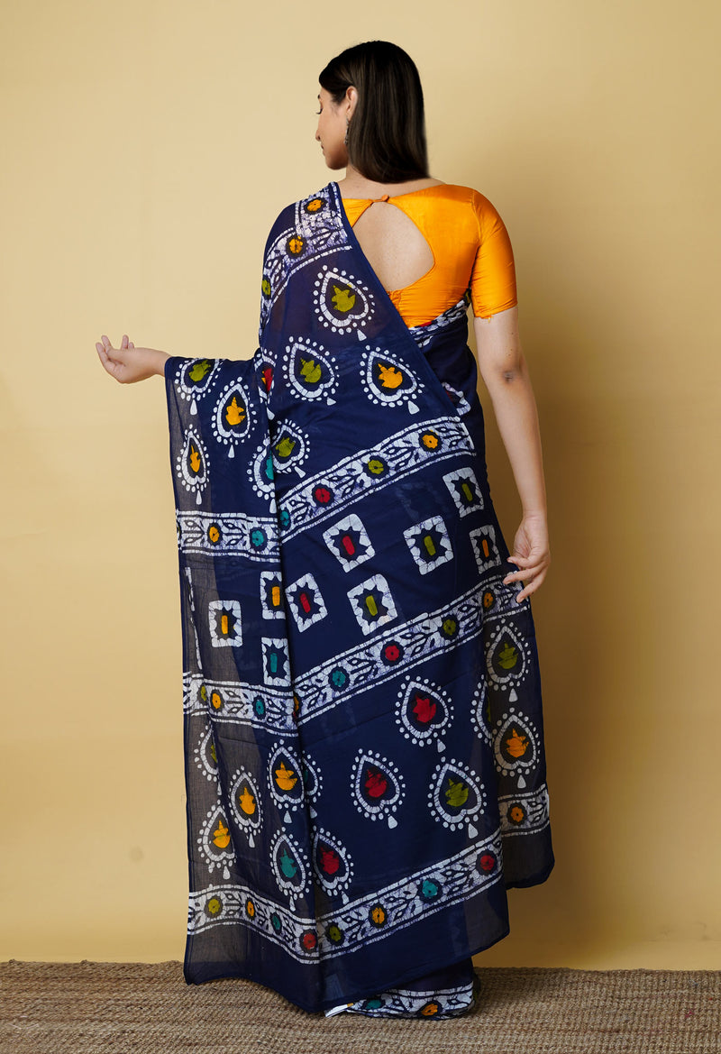 Navy Blue Pure  Hand Batik Mulmul Cotton Saree-UNM73121