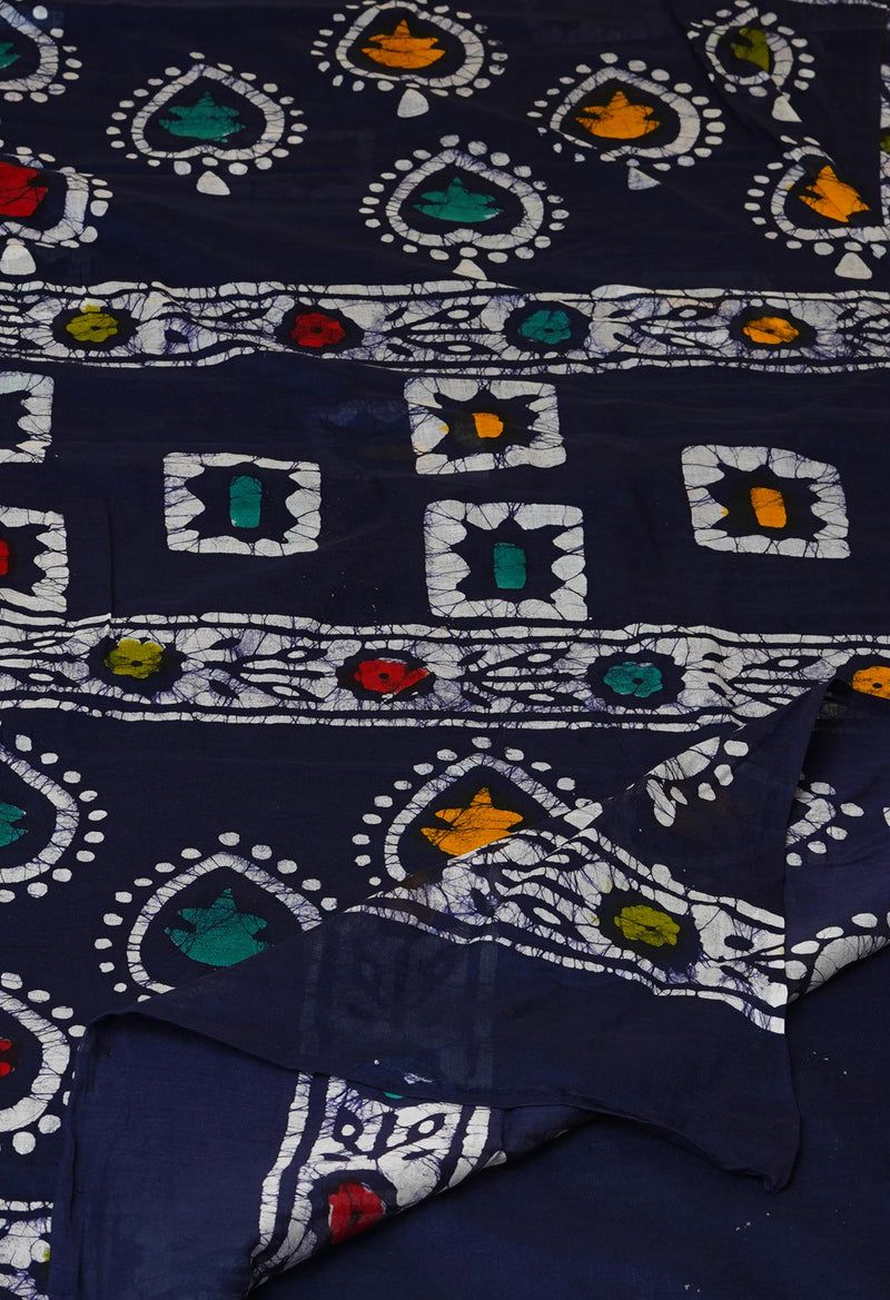 Navy Blue Pure  Hand Batik Mulmul Cotton Saree-UNM73121
