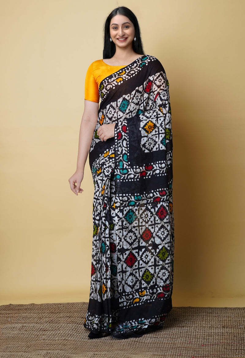 Ivory-Black Pure  Hand Batik Mulmul Cotton Saree-UNM73122