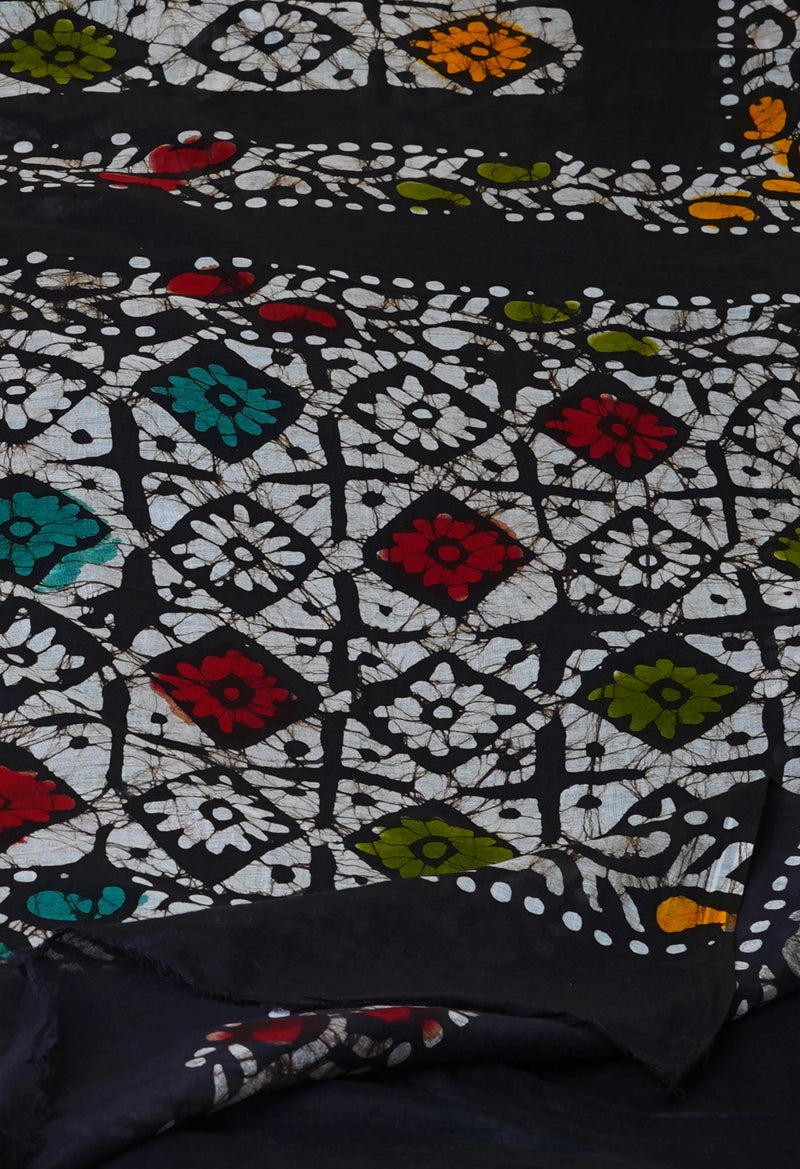 Ivory-Black Pure  Hand Batik Mulmul Cotton Saree-UNM73122