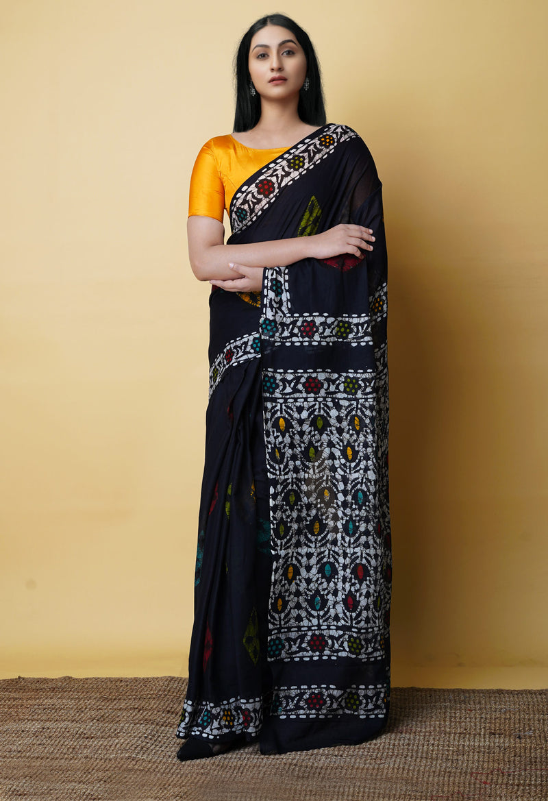 Black Pure  Hand Batik Mulmul Cotton Saree-UNM73124