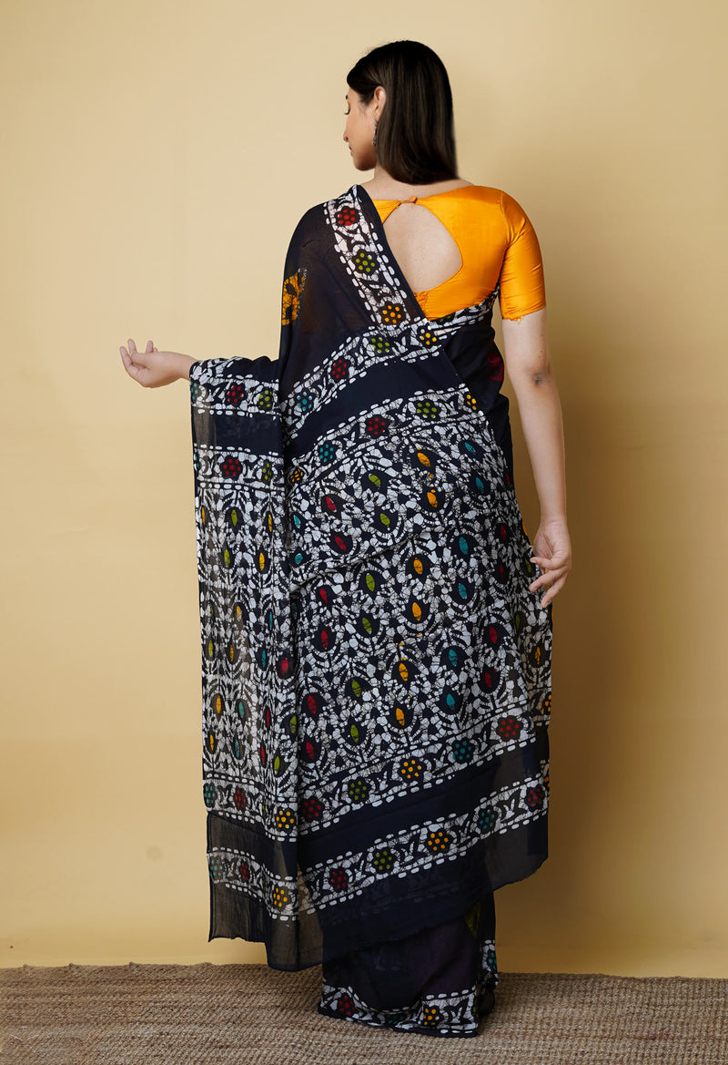 Black Pure  Hand Batik Mulmul Cotton Saree-UNM73124