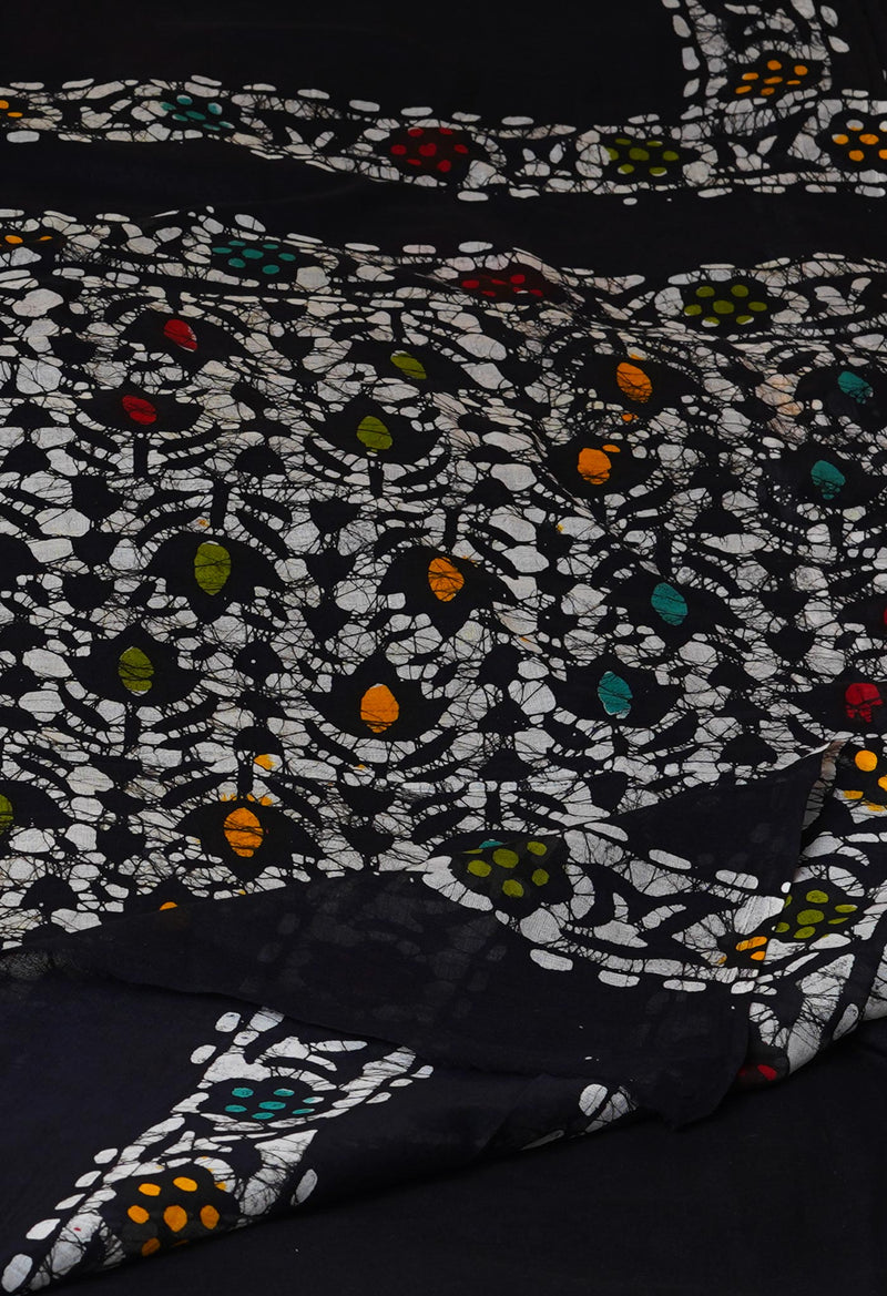 Black Pure  Hand Batik Mulmul Cotton Saree-UNM73124