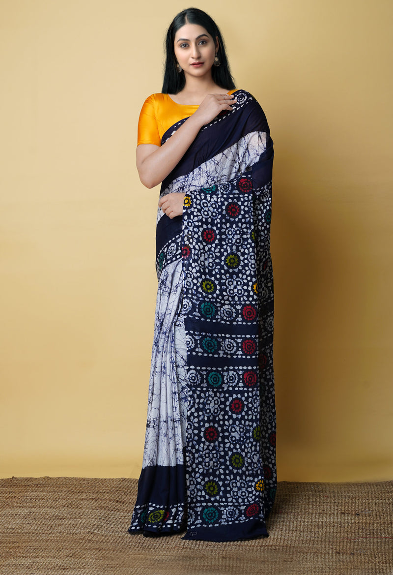 Navy Blue Pure  Hand Batik Mulmul Cotton Saree-UNM73135