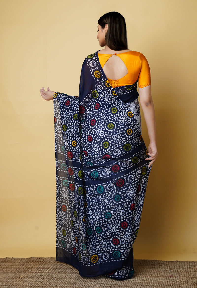 Navy Blue Pure  Hand Batik Mulmul Cotton Saree-UNM73135
