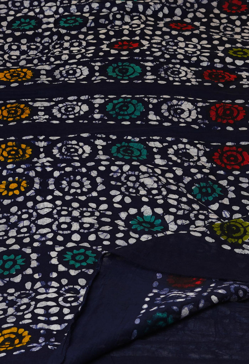 Navy Blue Pure  Hand Batik Mulmul Cotton Saree-UNM73135