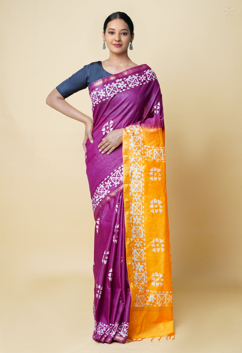 Dark Purple-Orange  Batik Printed Chanderi Sico Saree-UNM73148