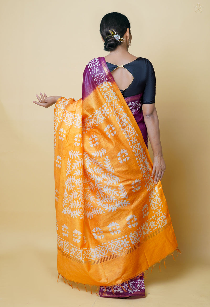 Dark Purple-Orange  Batik Printed Chanderi Sico Saree-UNM73148