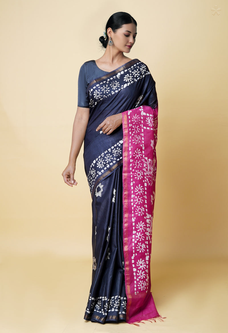 Black-Grape Pink  Batik Printed Chanderi Sico Saree-UNM73152