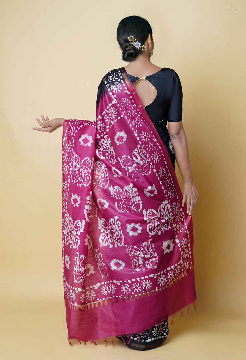 Black-Grape Pink  Batik Printed Chanderi Sico Saree-UNM73152