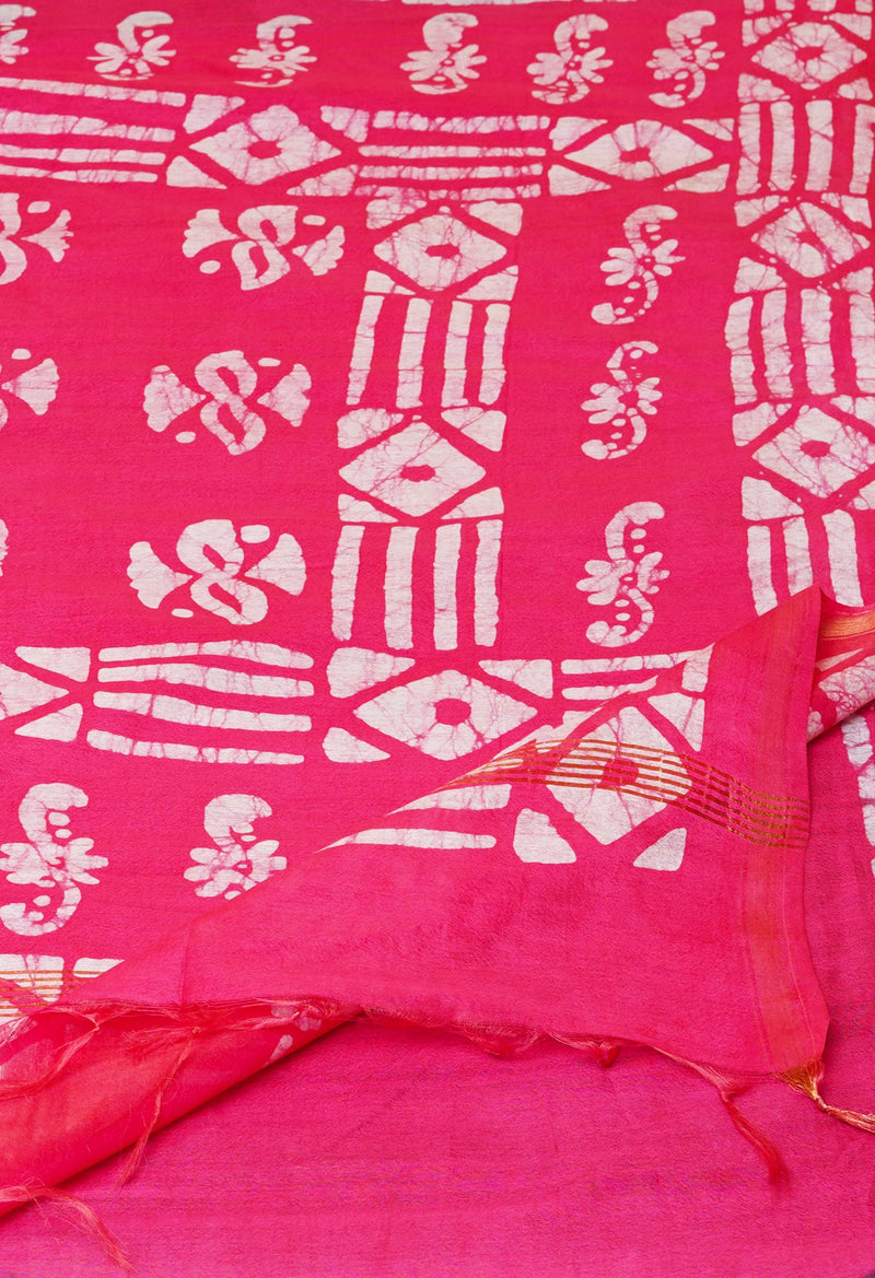 Navy Blue-Pink  Batik Printed Chanderi Sico Saree-UNM73160