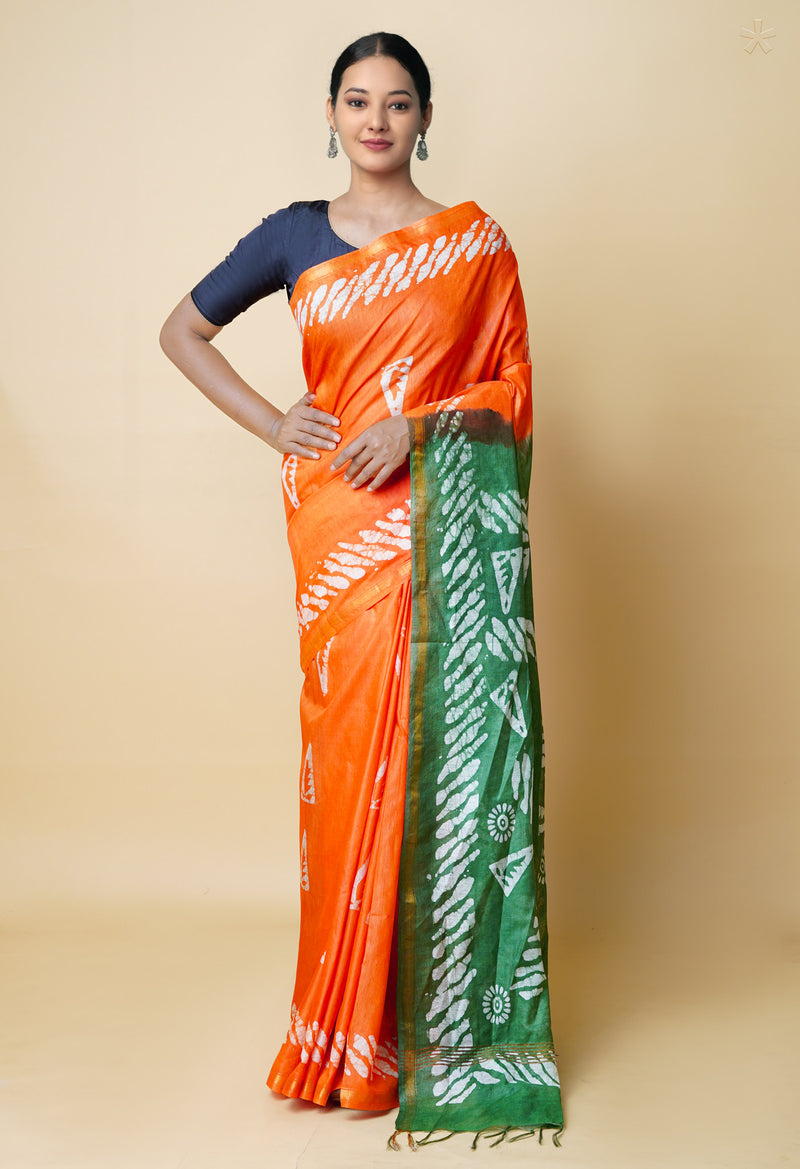 Orange-Green  Batik Printed Chanderi Sico Saree-UNM73170