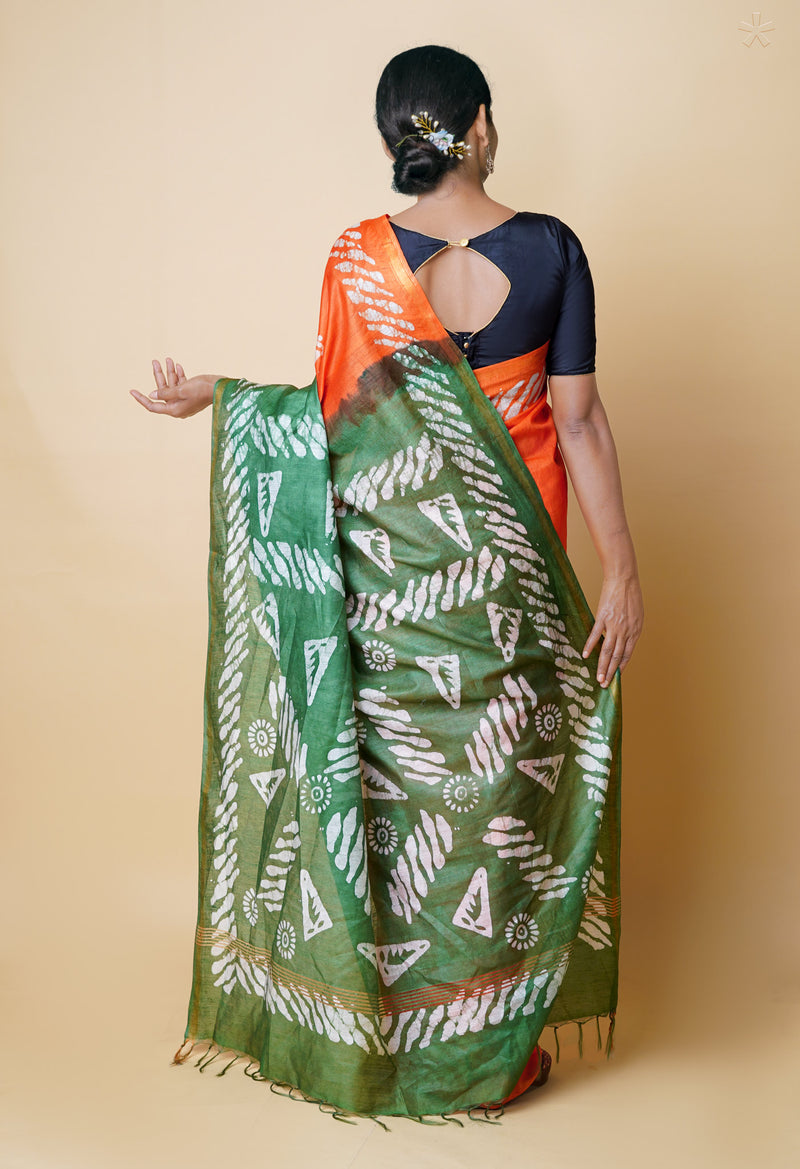 Orange-Green  Batik Printed Chanderi Sico Saree-UNM73170