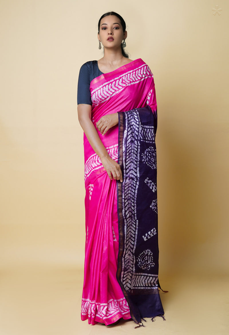 Pink-Dark Purple  Batik Printed Chanderi Sico Saree-UNM73177