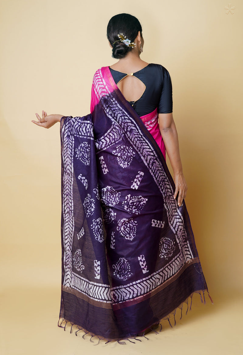 Pink-Dark Purple  Batik Printed Chanderi Sico Saree-UNM73177