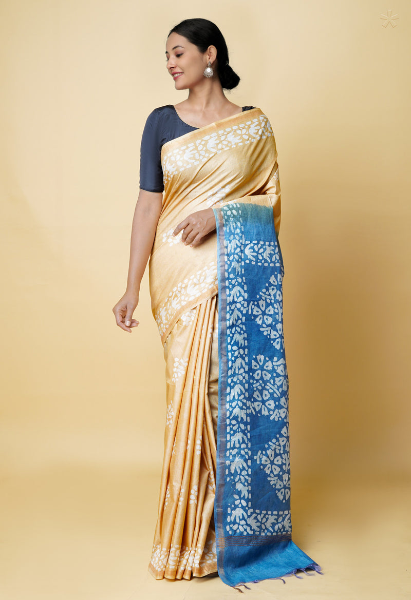 Cream-Blue  Batik Printed Chanderi Sico Saree-UNM73182