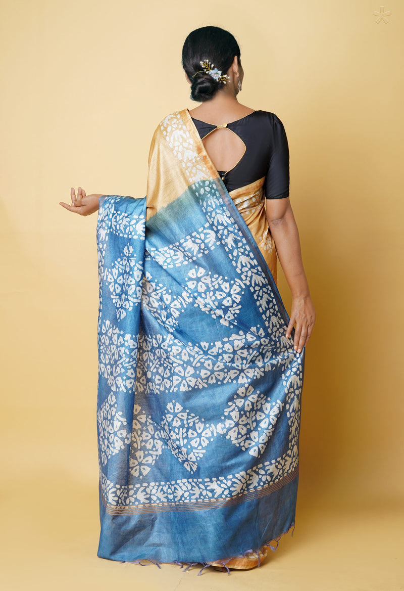Cream-Blue  Batik Printed Chanderi Sico Saree-UNM73182