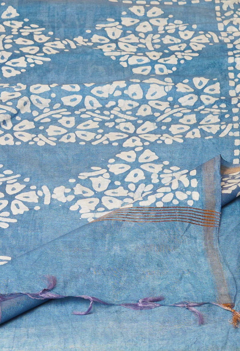 Cream-Blue  Batik Printed Chanderi Sico Saree-UNM73182