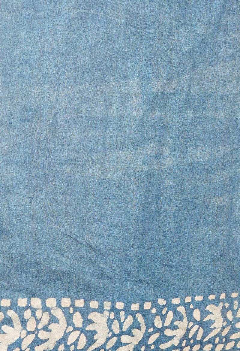 Cream-Blue  Batik Printed Chanderi Sico Saree-UNM73182