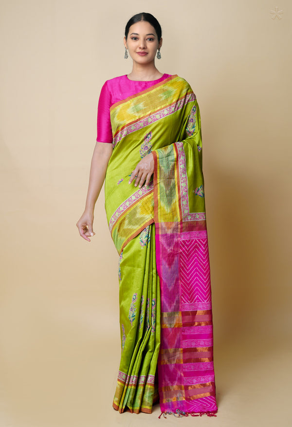 Olive Green  Dyed Printed Assam Cotton Silk Saree-UNM73221