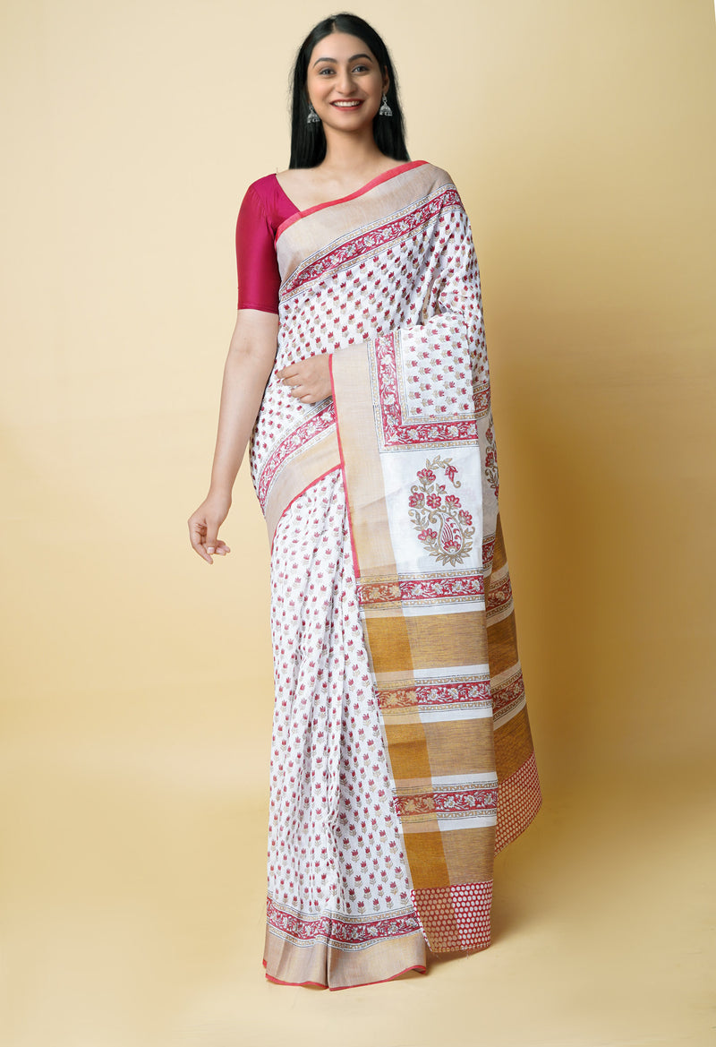 White Pure  Dyed Printed Kerala Cotton Silk Saree-UNM73226