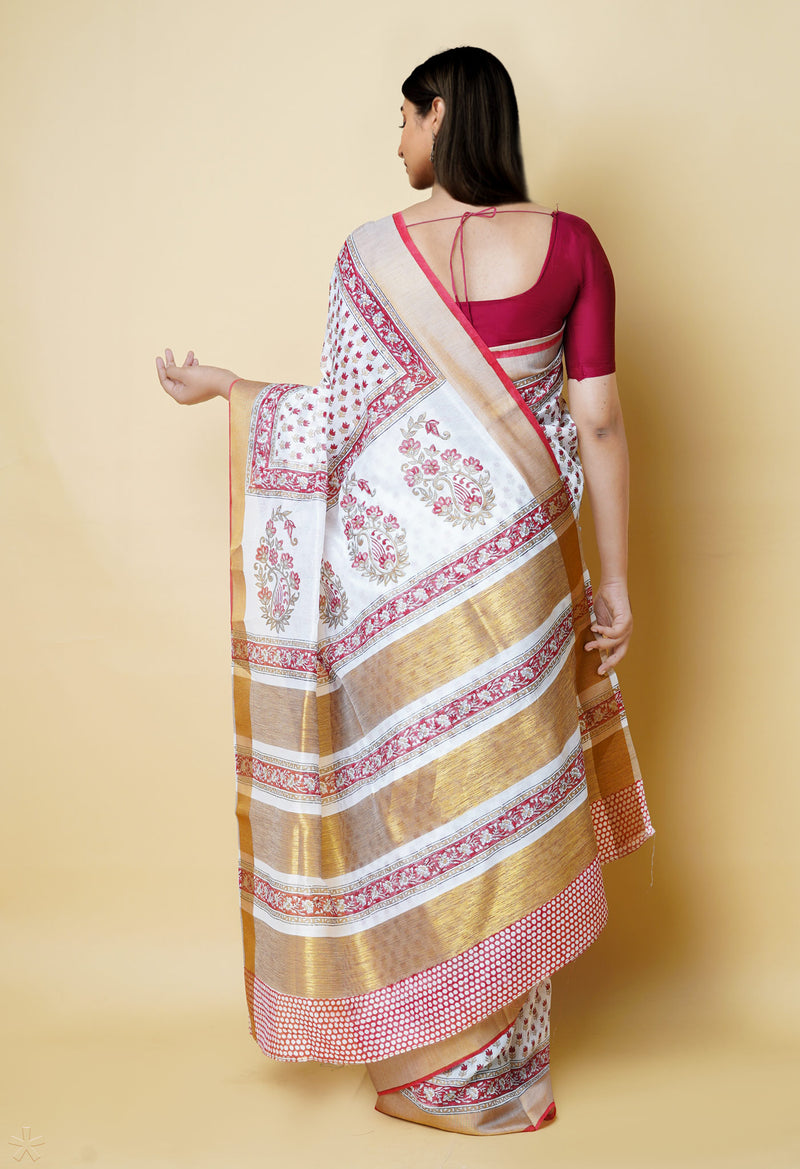 White Pure  Dyed Printed Kerala Cotton Silk Saree-UNM73226