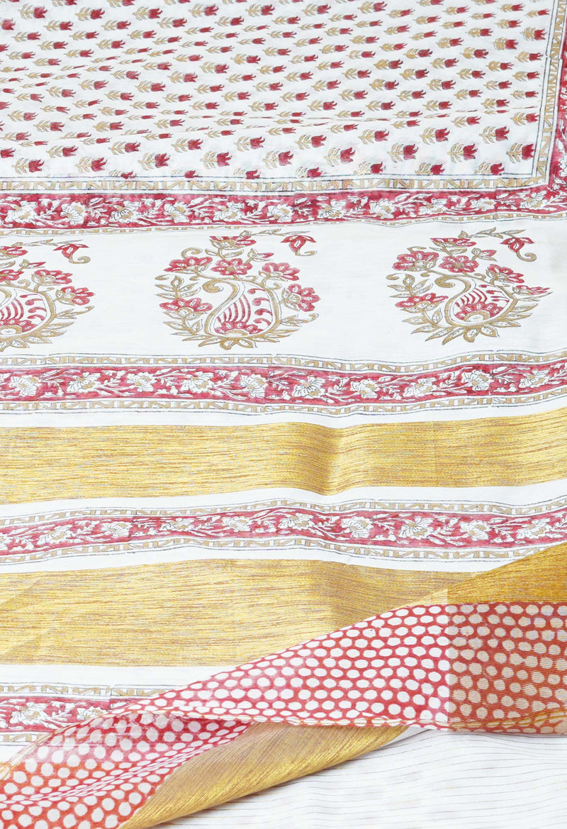 White Pure  Dyed Printed Kerala Cotton Silk Saree-UNM73226