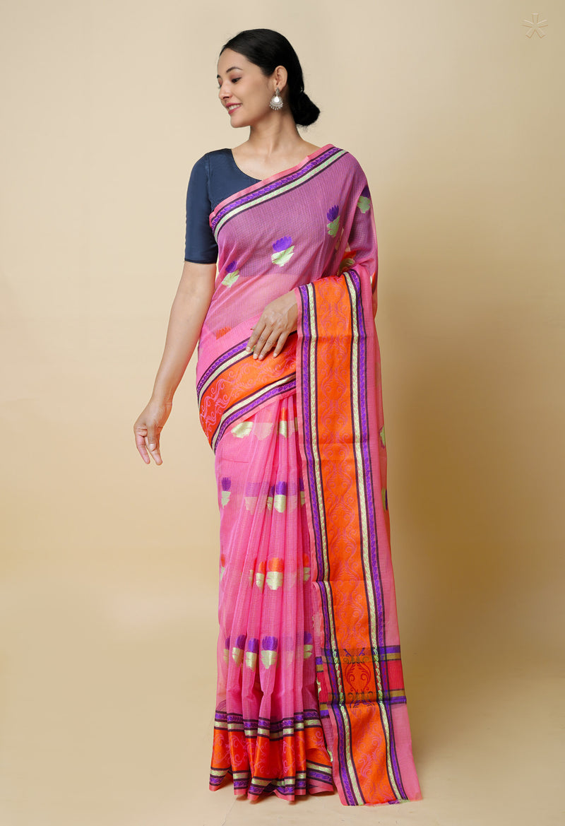 Peach Red Pure  Embroidery Kota Cotton Saree-UNM73228