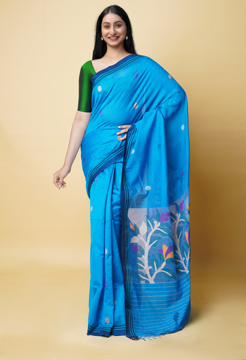 Blue  Dhaka Jamdhani Sico Saree-UNM73229