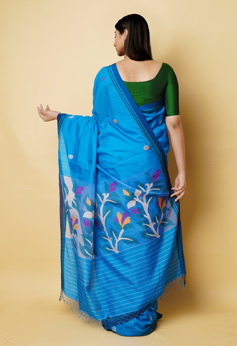 Blue  Dhaka Jamdhani Sico Saree-UNM73229