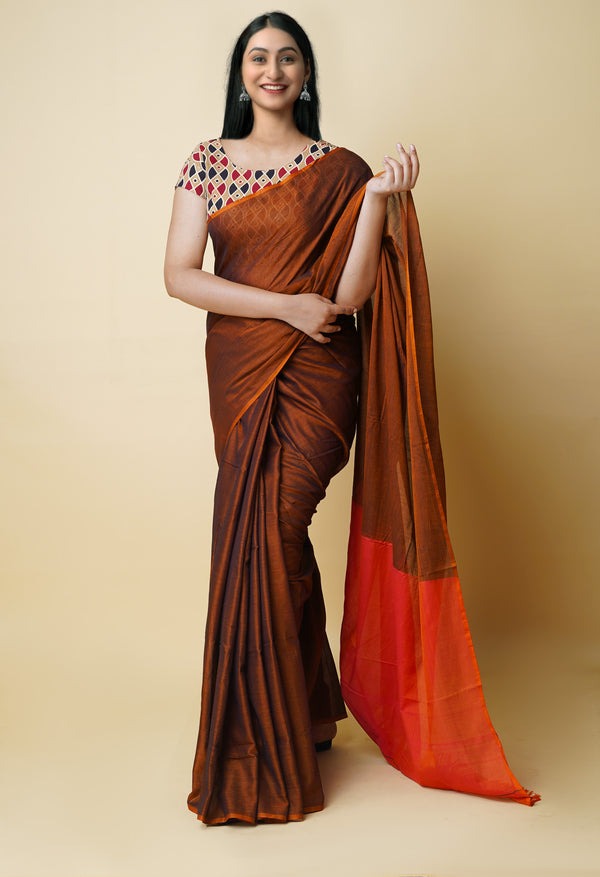 Clay Orange Pure Handloom Pavani Narayanpet Cotton Saree-UNM73233