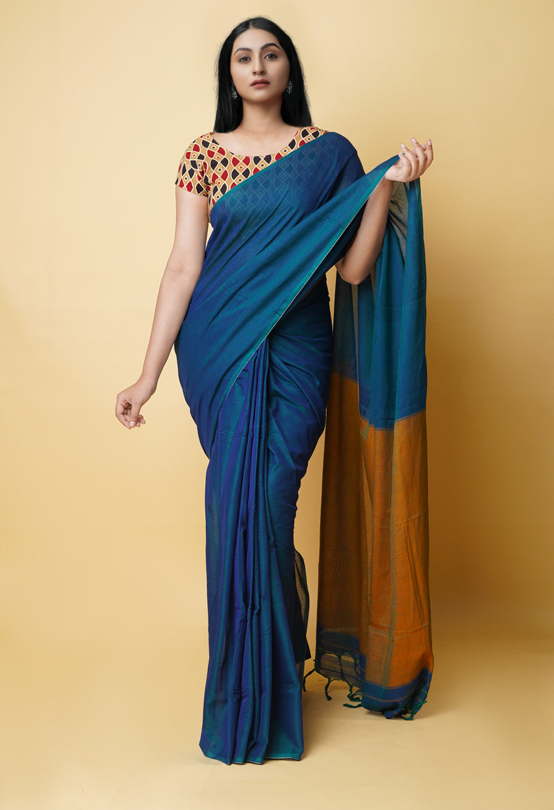 Peacock Blue Pure Handloom Pavani Narayanpet Cotton Saree-UNM73234
