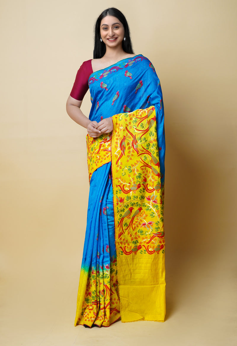 Blue-Yellow  Fancy Embroidery Banarasi Silk Saree-UNM73243