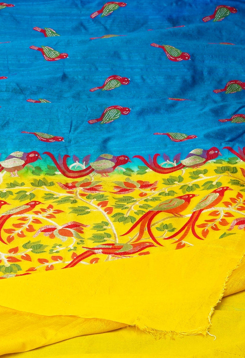 Blue-Yellow  Fancy Embroidery Banarasi Silk Saree-UNM73243