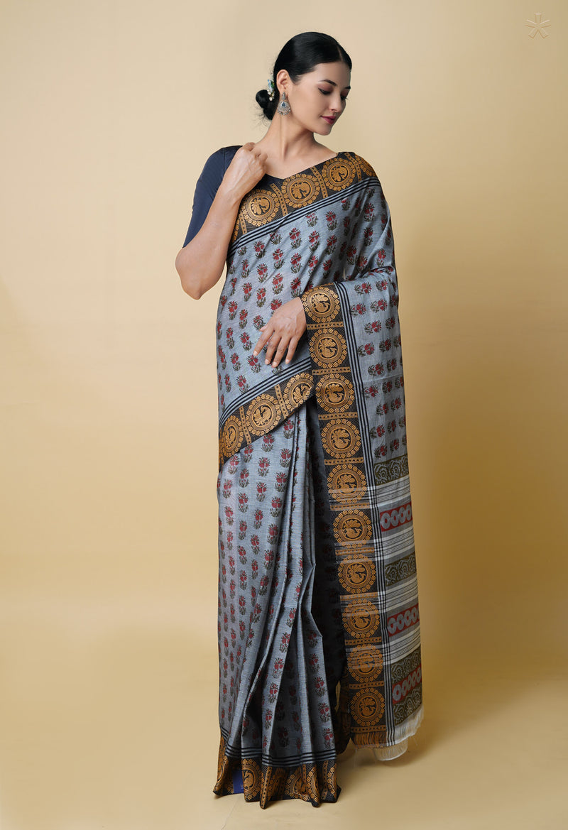 Grey Pure Handloom Pavani Dyed Printed Chettinad Cotton Saree-UNM73244