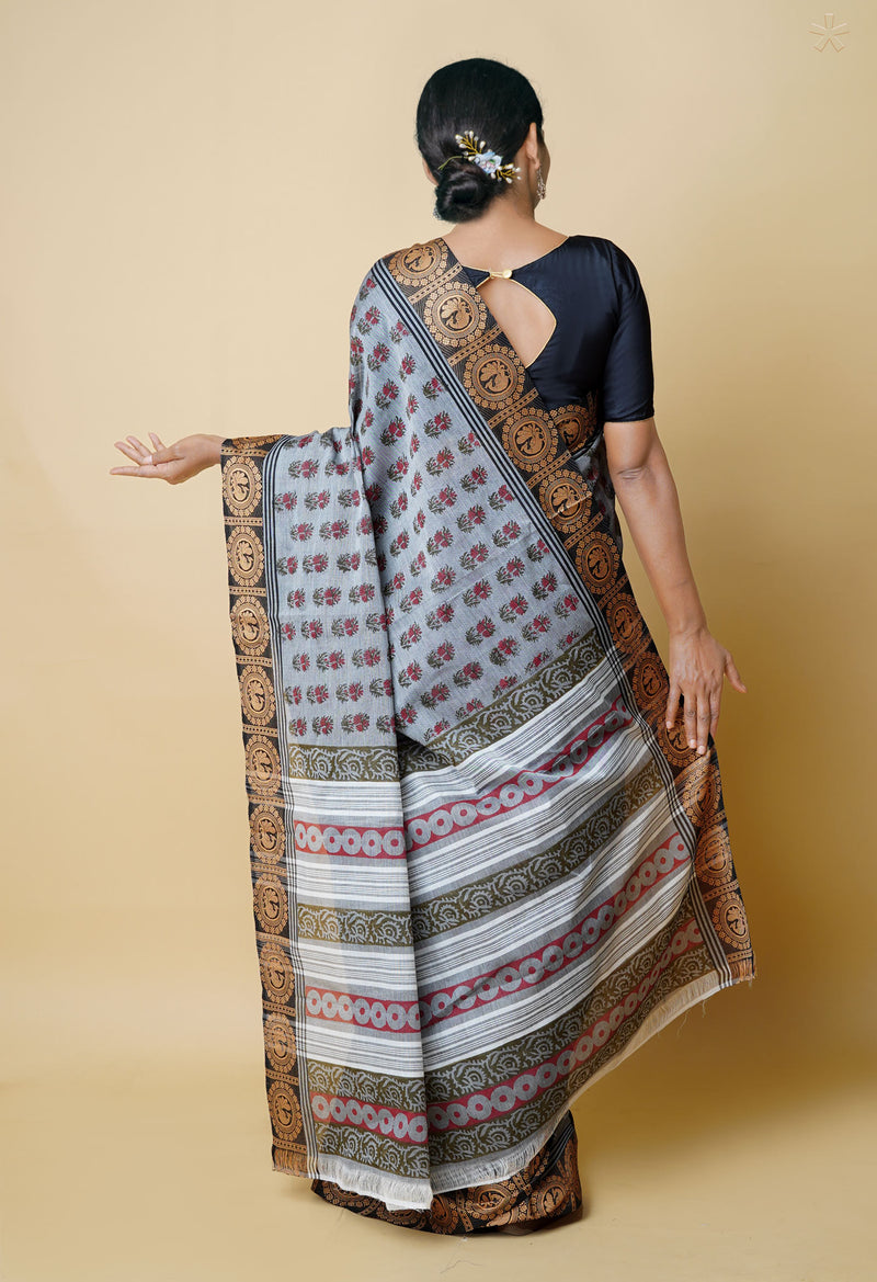 Grey Pure Handloom Pavani Dyed Printed Chettinad Cotton Saree-UNM73244