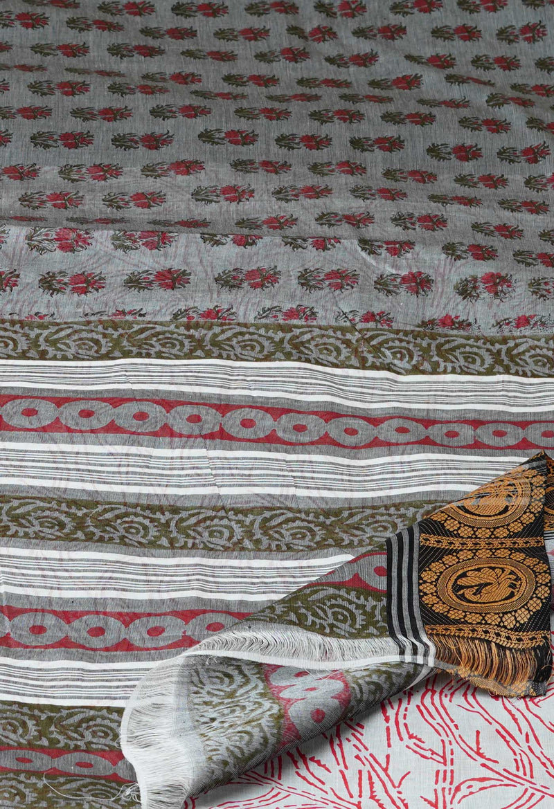 Grey Pure Handloom Pavani Dyed Printed Chettinad Cotton Saree-UNM73244