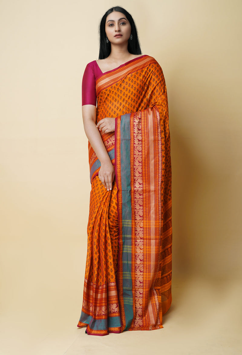 Orange Pure Handloom Pavani Dyed Printed Chettinad Cotton Saree-UNM73245