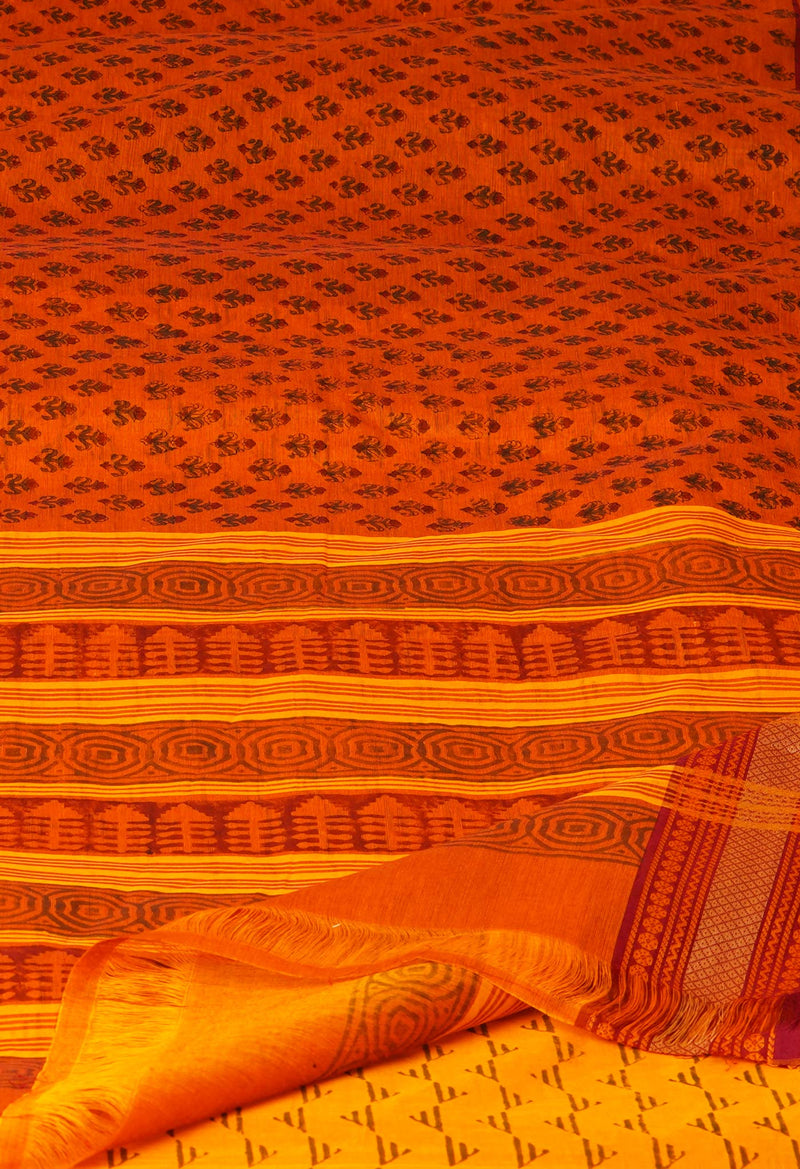 Orange Pure Handloom Pavani Dyed Printed Chettinad Cotton Saree-UNM73245