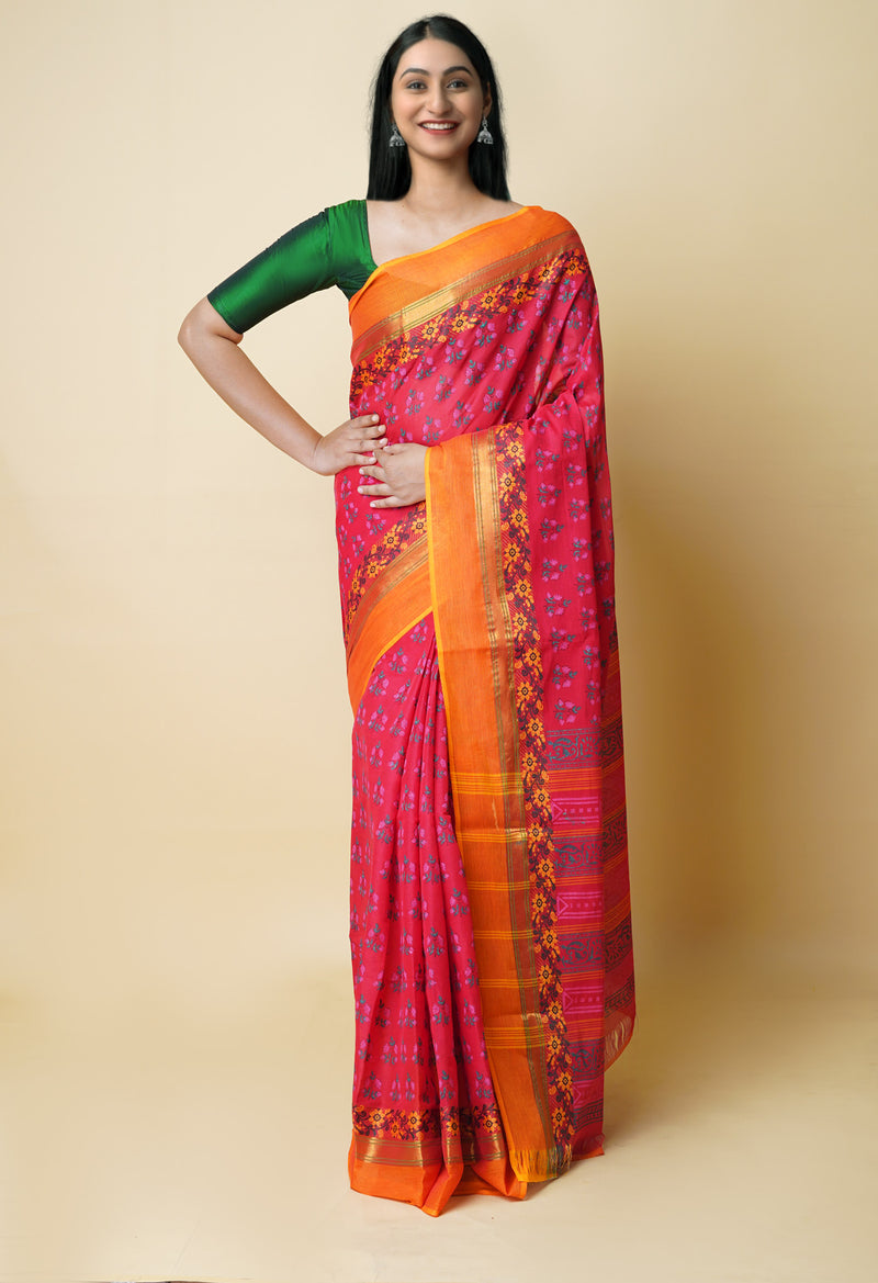 Red Pure Handloom Pavani Dyed Printed Chettinad Cotton Saree-UNM73246