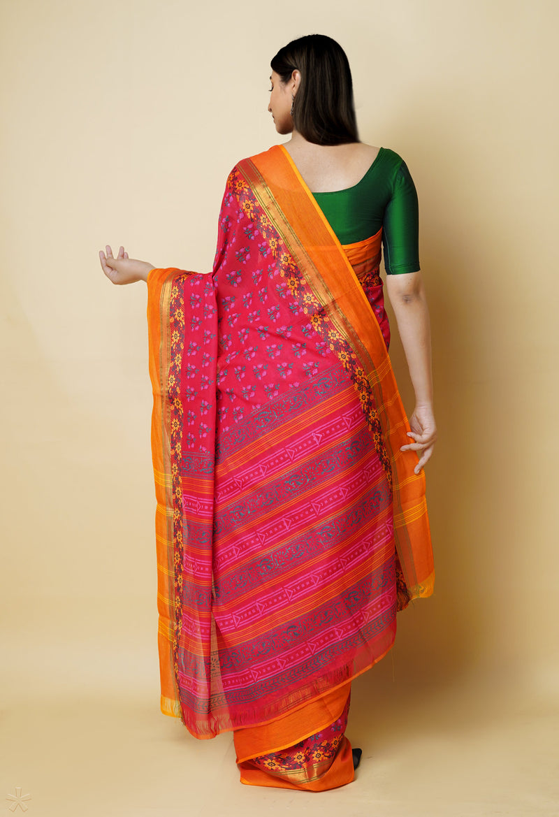 Red Pure Handloom Pavani Dyed Printed Chettinad Cotton Saree-UNM73246