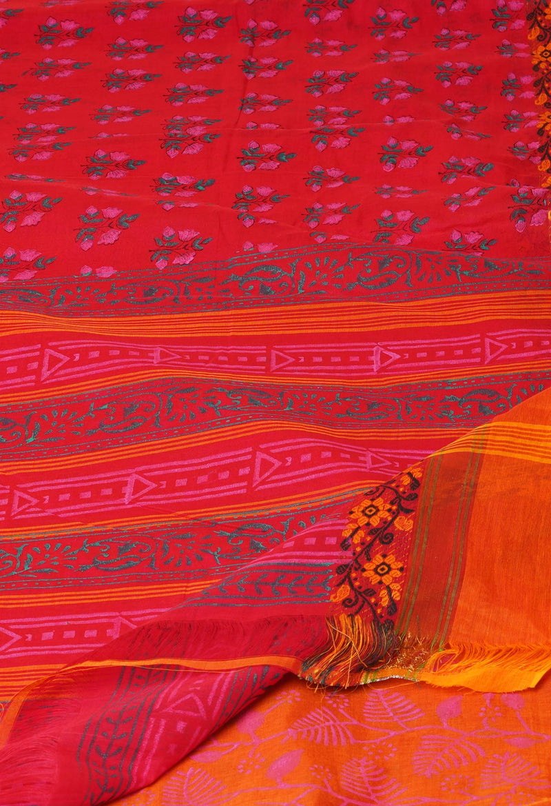 Red Pure Handloom Pavani Dyed Printed Chettinad Cotton Saree-UNM73246