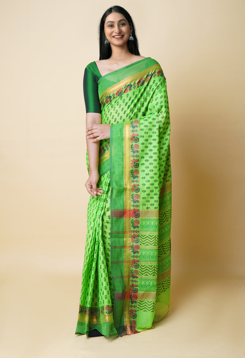 Green Pure Handloom Pavani Dyed Printed Chettinad Cotton Saree-UNM73247